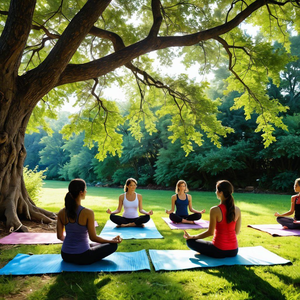 A serene landscape featuring a diverse group of young individuals engaging in wellness activities: one meditating on a yoga mat, another preparing colorful healthy meals, and a third practicing mindful breathing under a tree. Soft natural lighting enhances the peaceful atmosphere, symbolizing emotional strength and resilience. Incorporate elements of nature, such as blooming flowers and gentle streams, to convey hope and rejuvenation. vibrant colors. super-realistic.