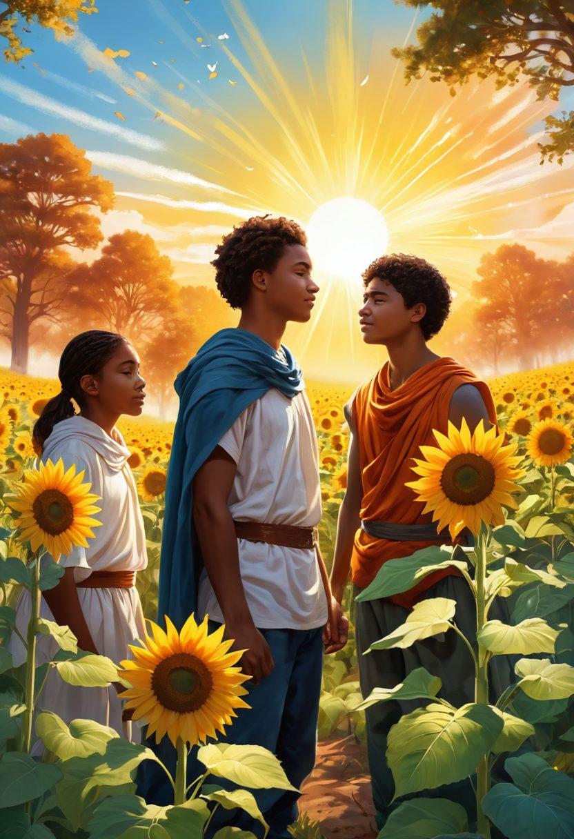 An illustrated scene depicting a diverse group of young warriors, each representing different backgrounds, sharing experiences and strategies in a bright and positive environment. Include elements symbolizing hope such as sunflowers and light beams, with a soft halo of comforting colors surrounding them. Emphasize a sense of community and support through their body language and expressions. The backdrop can showcase natural elements like trees and a clear sky, conveying wellness and empowerment. vibrant colors. vector art.