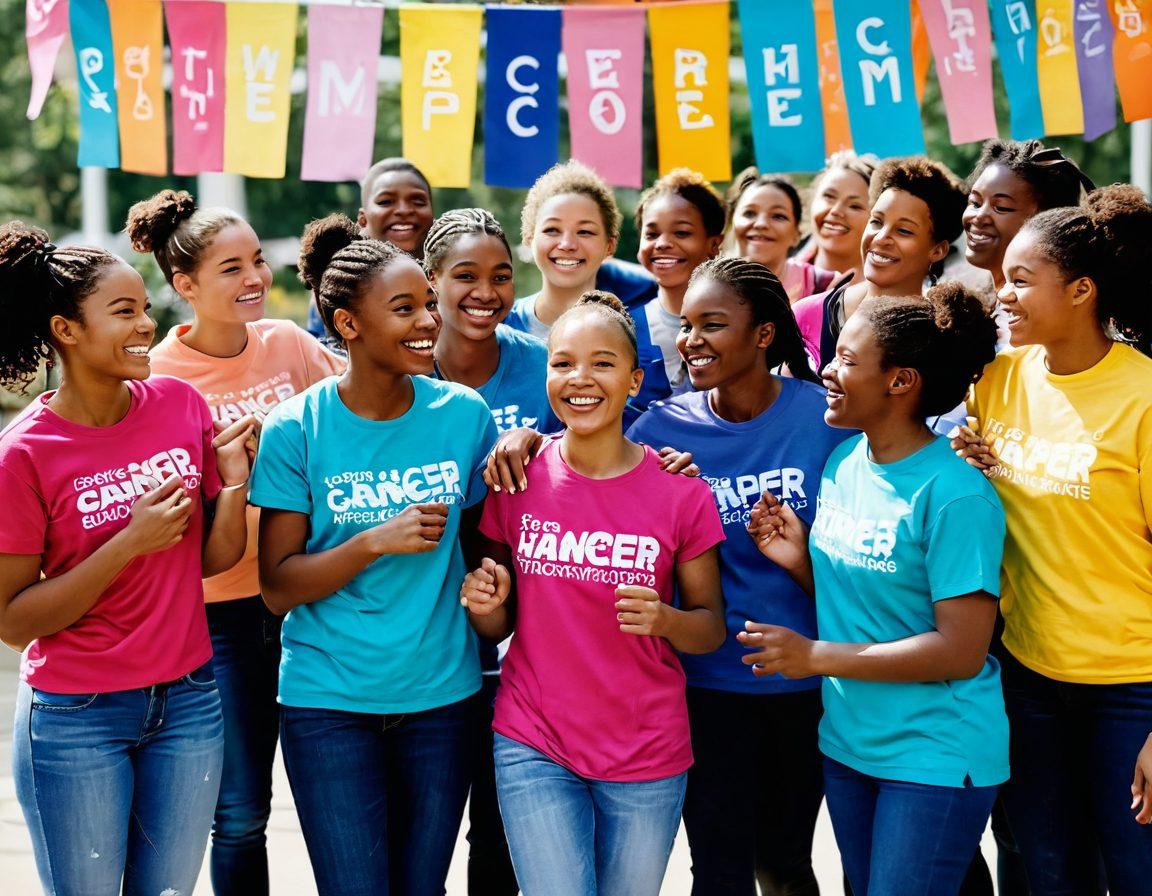 A vibrant and heartwarming scene depicting a diverse group of young people gathered in a bright, open community space, sharing stories and support regarding cancer journeys. Include elements of hope, such as colorful banners with motivational quotes, symbolic ribbons, and caring gestures like hugs and high-fives. The atmosphere should radiate warmth, compassion, and strength, inviting viewers to feel the empowerment within the community. super-realistic. vibrant colors. uplifting atmosphere.